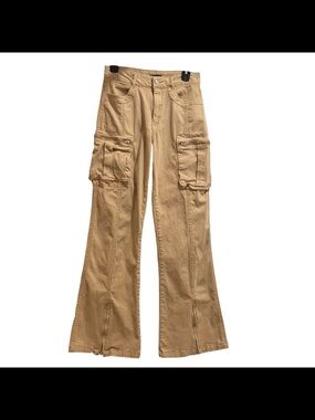 Forever 21 Women Khaki Cargo Pants Y2k Wide Leg Multi Pocket Ankle Zip Cotton S